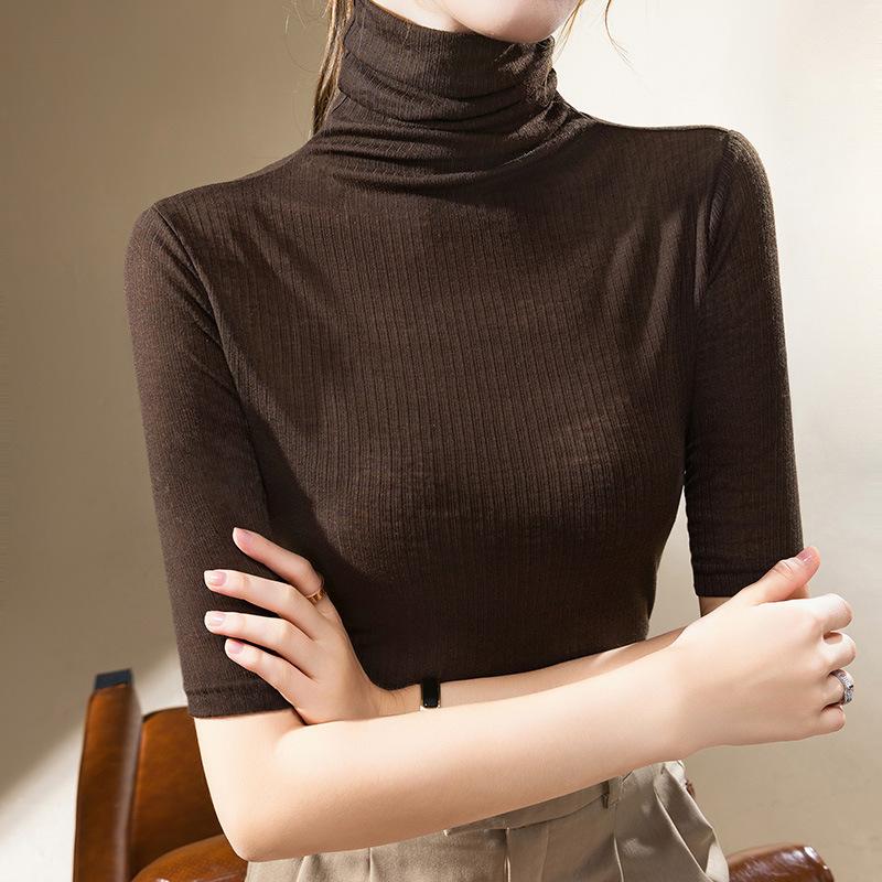 Футболка с высоким воротом, женская, ранняя осенняя, новая, тонкая, трикотажная, со средними рукавами, с талией и наборным воротником
