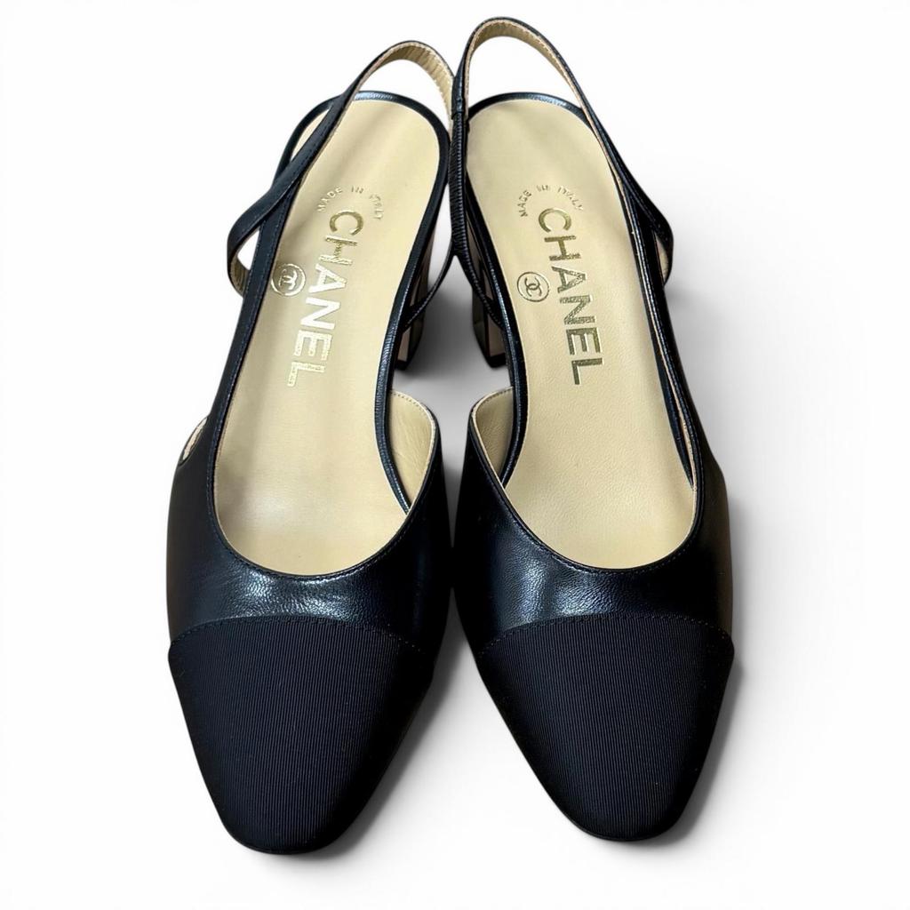 Excellent CHANEL pumps COCO MarkMetal Slingback Strap Leather 35.5 G31318 Used
