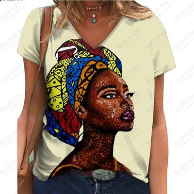Новинка 2023 года, женский топ, футболка, свободный удобный топ с v-образным вырезом, летний крутой 3D-принт, оригинальный, простой, африканская красота, очень большой размер