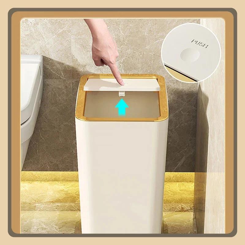 10L/12L Bathroom Trash Can Slim Trash Can with One-Touch Lid Bathroom Kitchen Garbage Bin Plastics Garbage Bin Home Supplies
