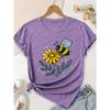 Elegant women's clothing gift with bee and small yellow flower forest green pattern print, round neck, short sleeves for spring, summer, and autumn T