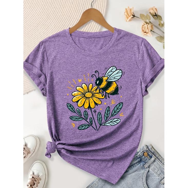 Elegant women's clothing gift with bee and small yellow flower forest green pattern print, round neck, short sleeves for spring, summer, and autumn T