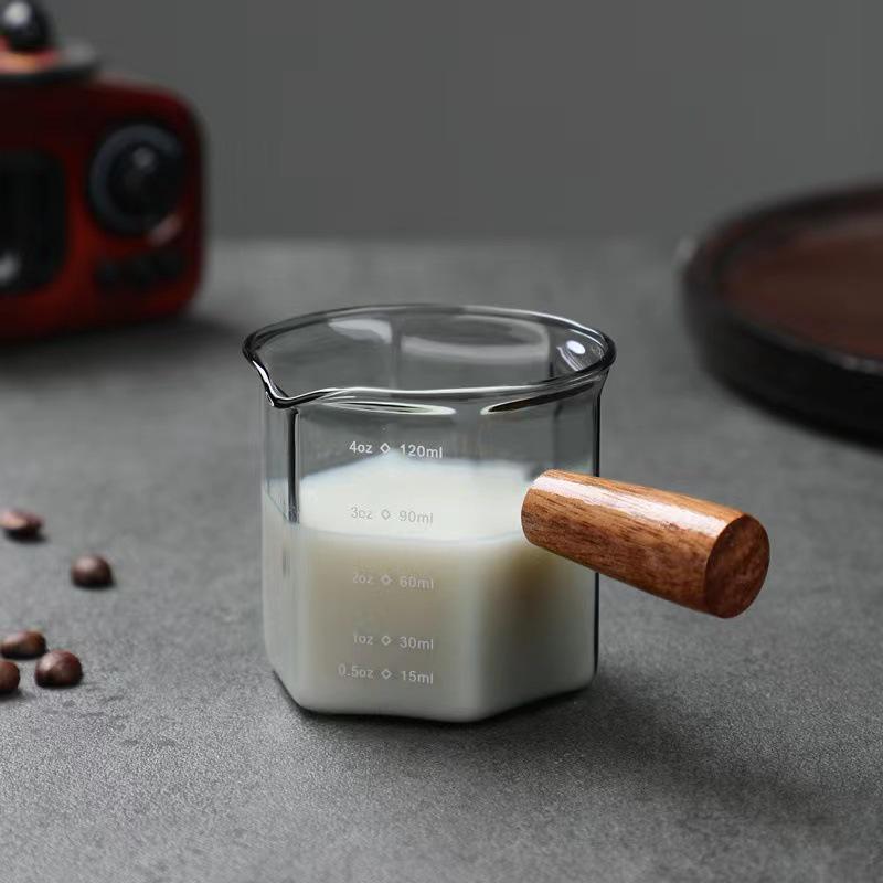 High Borosilicate Espresso Measuring Cup with Wooden Handle