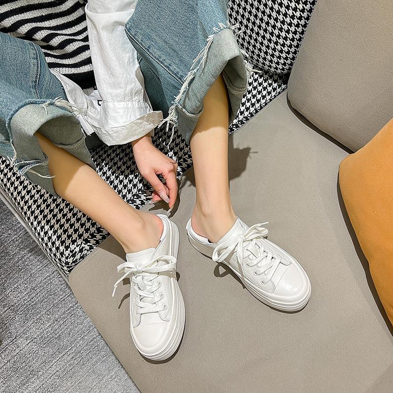 Little White Shoes Women's Spring and Summer Soft Leather Simple and Versatile Casual Shoes Student Lace-up Sports Board Shoes Tide