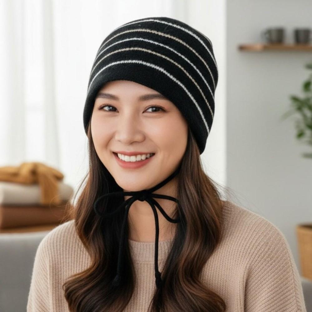 Thick Warm Knit Bonnet Cap Loose Fit Tie Strap Cap Striped Beanie Hat Street Photography