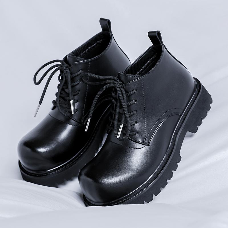 Spring and Autumn British Style Mid Cut Boots High Quality New Style Thick Bottom Lace Up Ankle Boots Brand Black High Top Boots