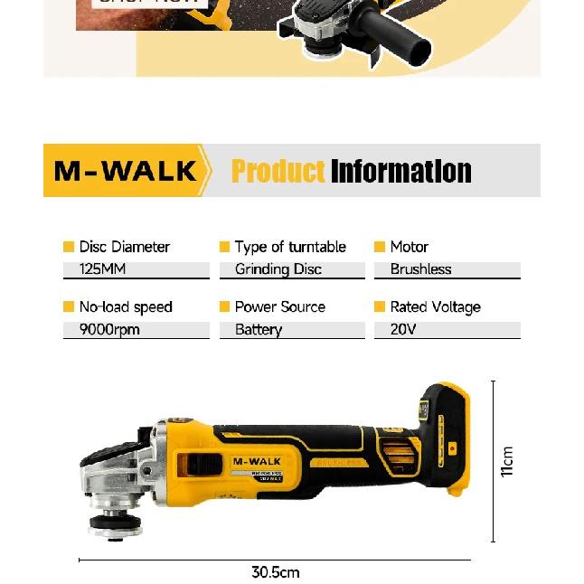 M-WALK 125 мм Бесщеточная Электрическая Угловая Шлифмашина Полировальная Режущая Машина Беспроводная Угловая Шлифмашина Инструменты Для Аккумулятора DeWalt 20 В Штырь