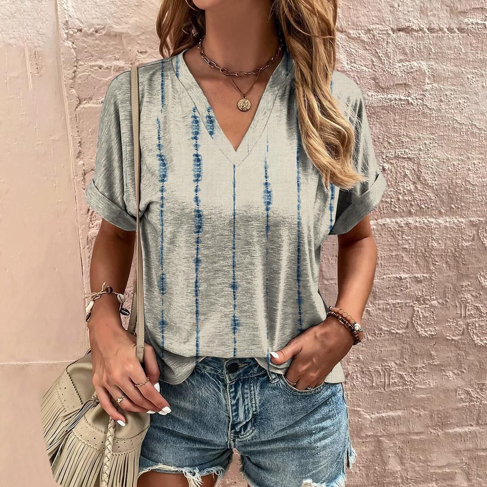 Летняя женская футболка с полосатым принтом, футболка в стиле тай-дай с коротким рукавом, женская одежда, V-образный вырез, свободная блузка, женские футболки