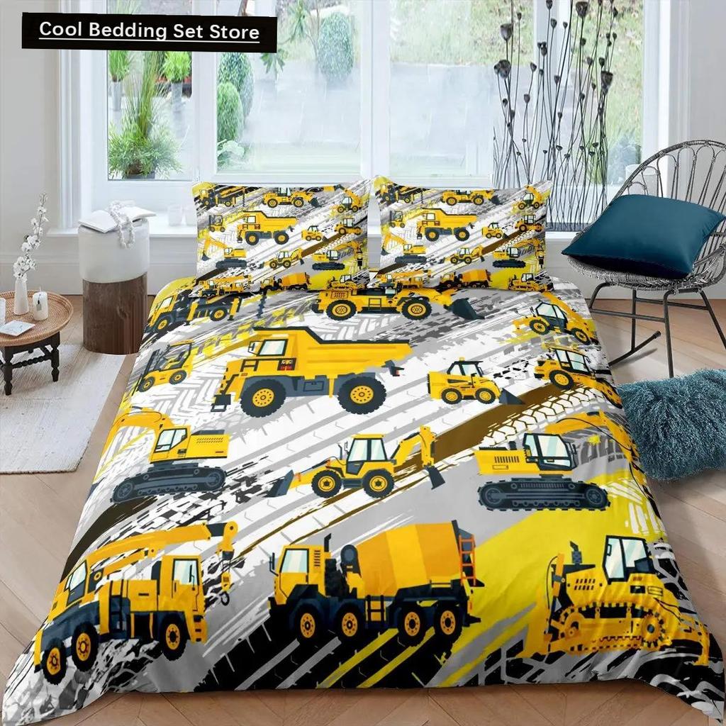 Kid Excavator Duvet Cover Tractor Truck Bedding Set Construction Vehicle Cartoon Comforter Cover Crane Car Polyester Quilt Cover