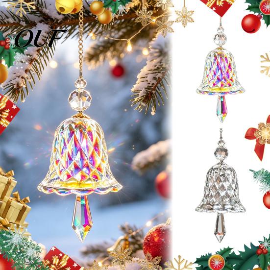 Festive Seasonal Hanging Art Faux Crystal Bell Suncatcher, Glass Prism Wind Chime Ornament, Clear Garden Ornament for Trees Christmas Tree Rainbow