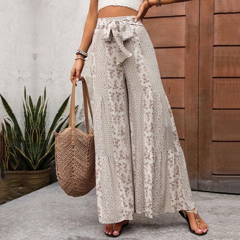 Женские новые летние брюки со шнуровкой и принтом в этническом стиле, широкие брюки