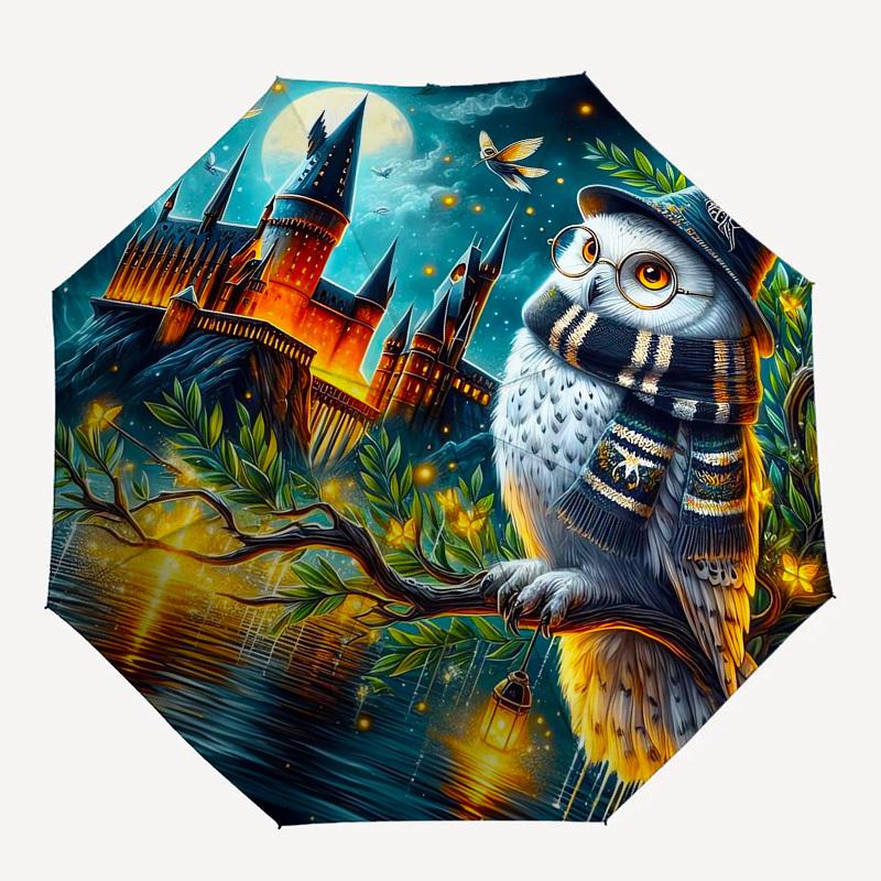 1pc Hogwarts Owl Night Scene Umbrella with Plastic Handle,Cartoon Pattern,Suitable for All Seasons Multi-functional Umbrella363