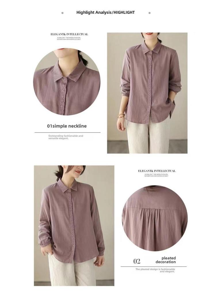 Women's Retro Cotton & Linen Lace-Stitched Long Sleeve Shirt: Spring/Summer Collection