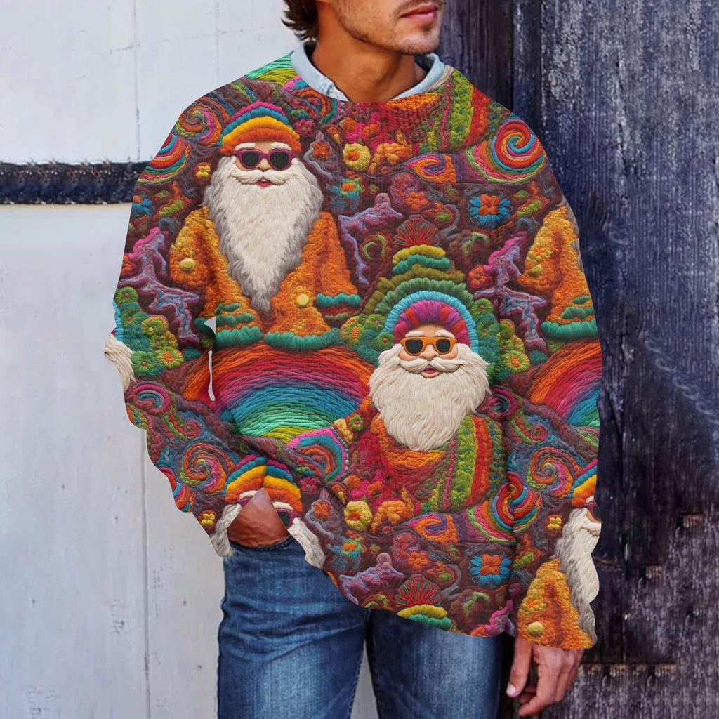 Мужской рождественский принт, искусственный свитер, толстовка с круглым вырезом, свободный топ с длинными рукавами