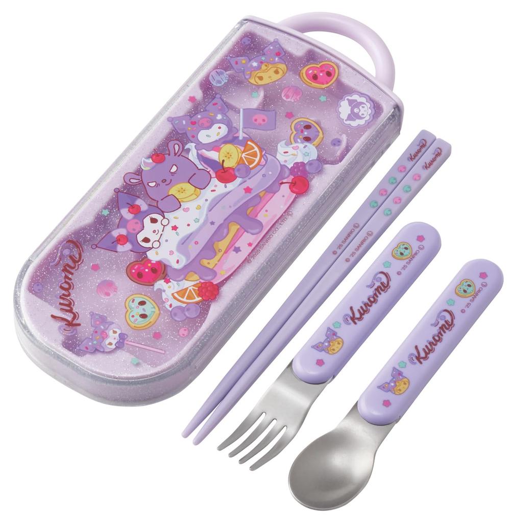 Skater Bento Chopsticks Trio Set Featuring Sanrio and Fancy Snacks for Girls Children's (Chopsticks, Spoon, Fork, 16.5cm) Kuromi, & Sweets, (TACC2-A)