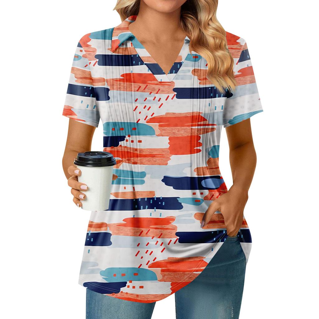 Женские футболки с коротким рукавом, плиссированные, с V-образным вырезом, с принтом, с воротником, летние топы, модные, деловые, повседневные, рабочие