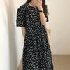 Women's Retro Floral Loose Slimming Black Crew Neck Short Sleeve Long Dress