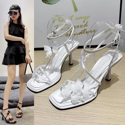 Сексуальные кружевные босоножки на высоком каблуке-шпильке с бантом, женские летние модельные сандалии с квадратным открытым носком и ремешком на щиколотке, женская элегантная обувь для вечеринок