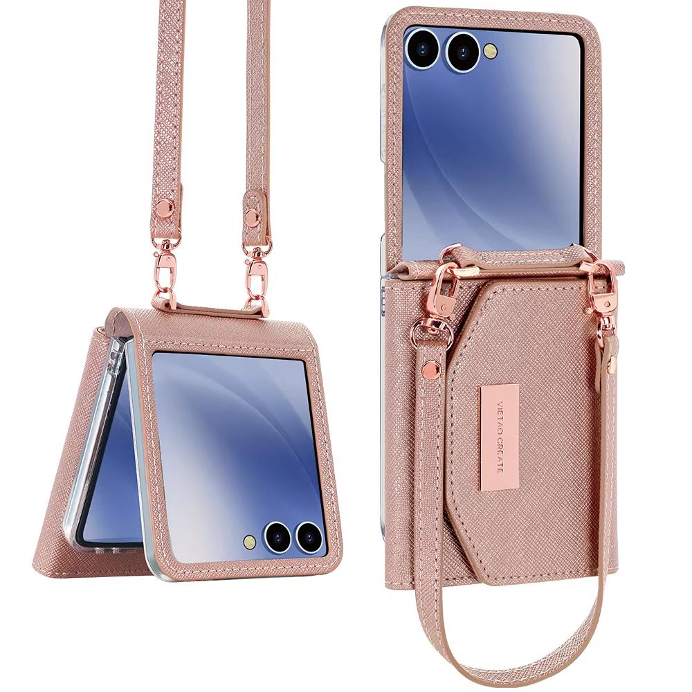 VIETAO Luxury Girl's Fashion PU Leather Wallet Phone Case with Lanyard & Wrist Strap Shockproof Hand Holder for Z Flip