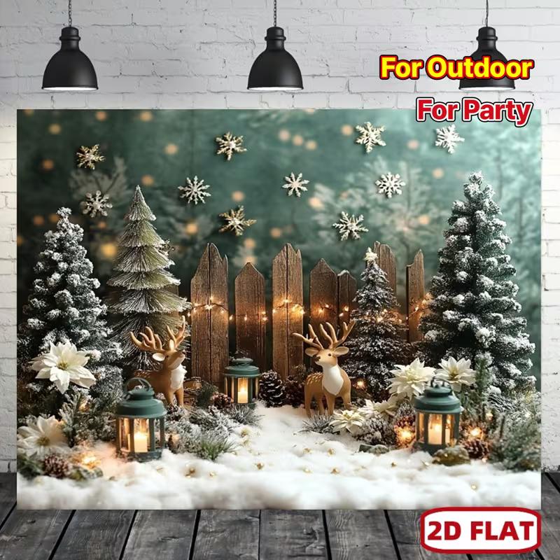 2D Enchanted Winter Forest Christmas Backdrop with Reindeer & Snowflakes Party Background