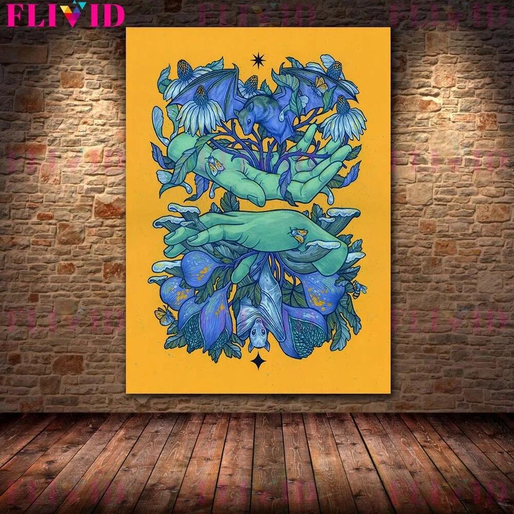 Скелеты, цветы и загадочные животные, винтажная настенная живопись на холсте, летучая мышь, опоссум, астрология, луна, звезды, планеты, печать плакатов, без рамки