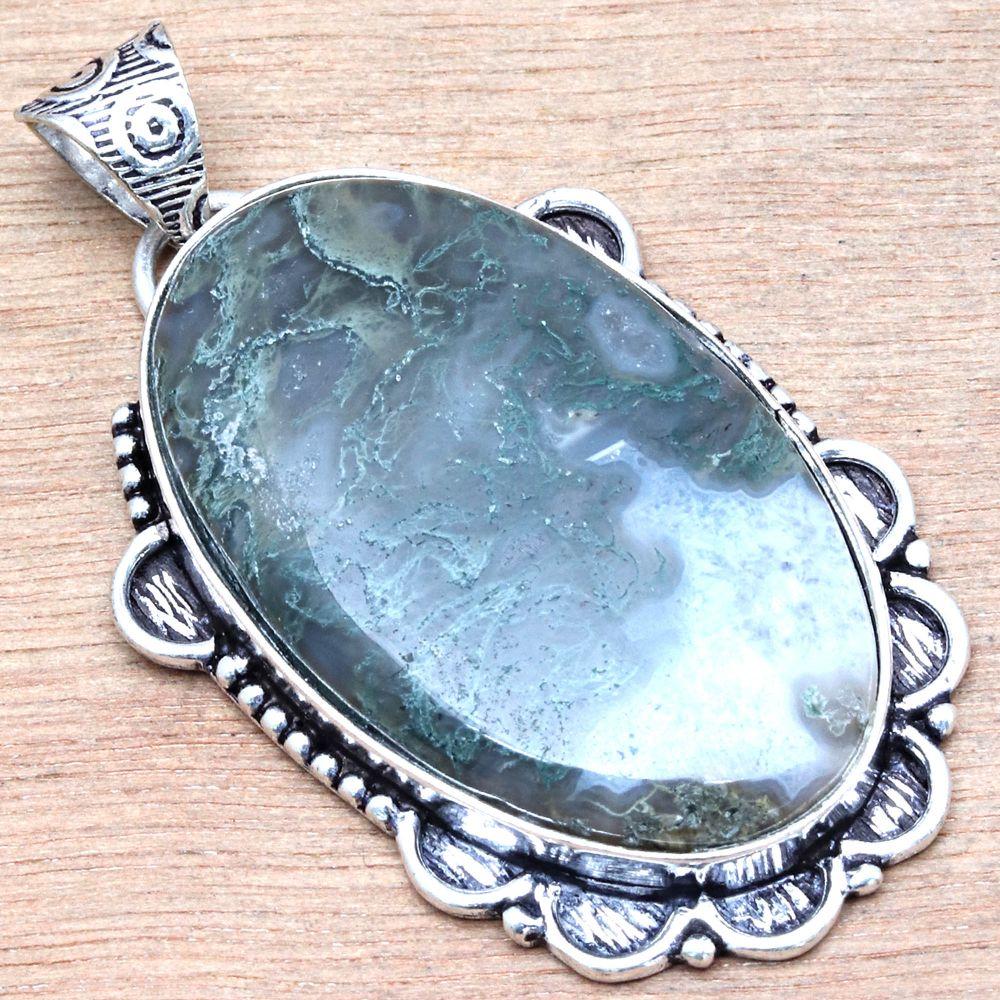 Подвеска из мохового агата, драгоценный камень, подарок ручной работы для нее, серебряное украшение 2 дюйма