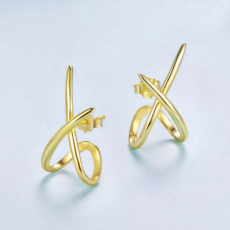 WOSTU Simple Geometric Wedding Earrings 925 Sterling Silver 18K Gold X Style Stud Earring Studs Lady Metal Fashion Jewelry Gift