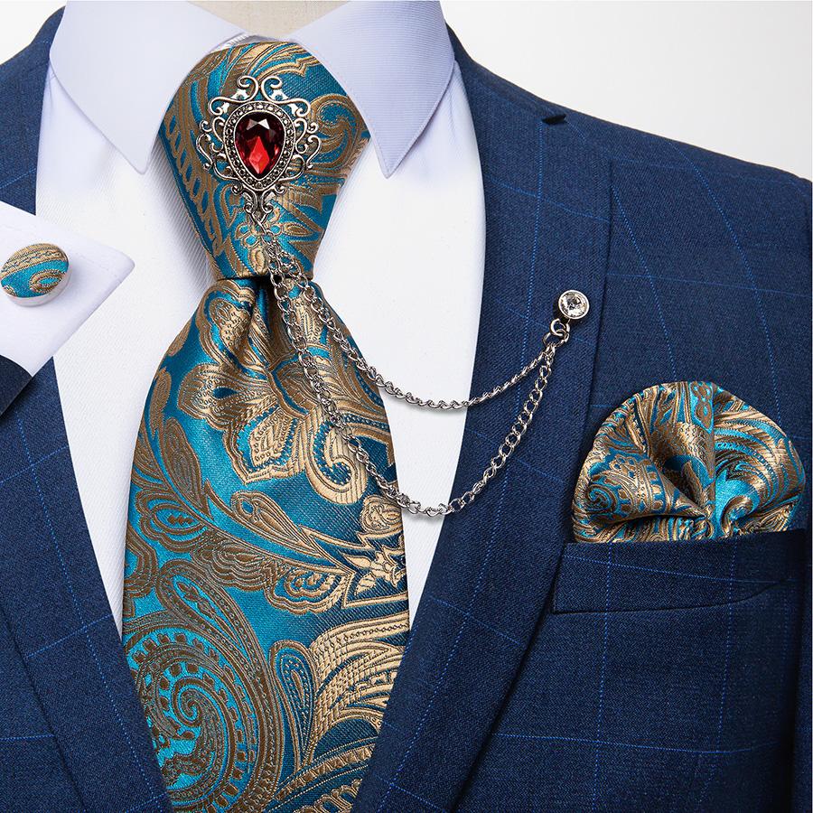 Paisley Tie for Men Necktie Silk Hanky Cufflink Set with Tie Ring Chain Brooch for Wedding Party
