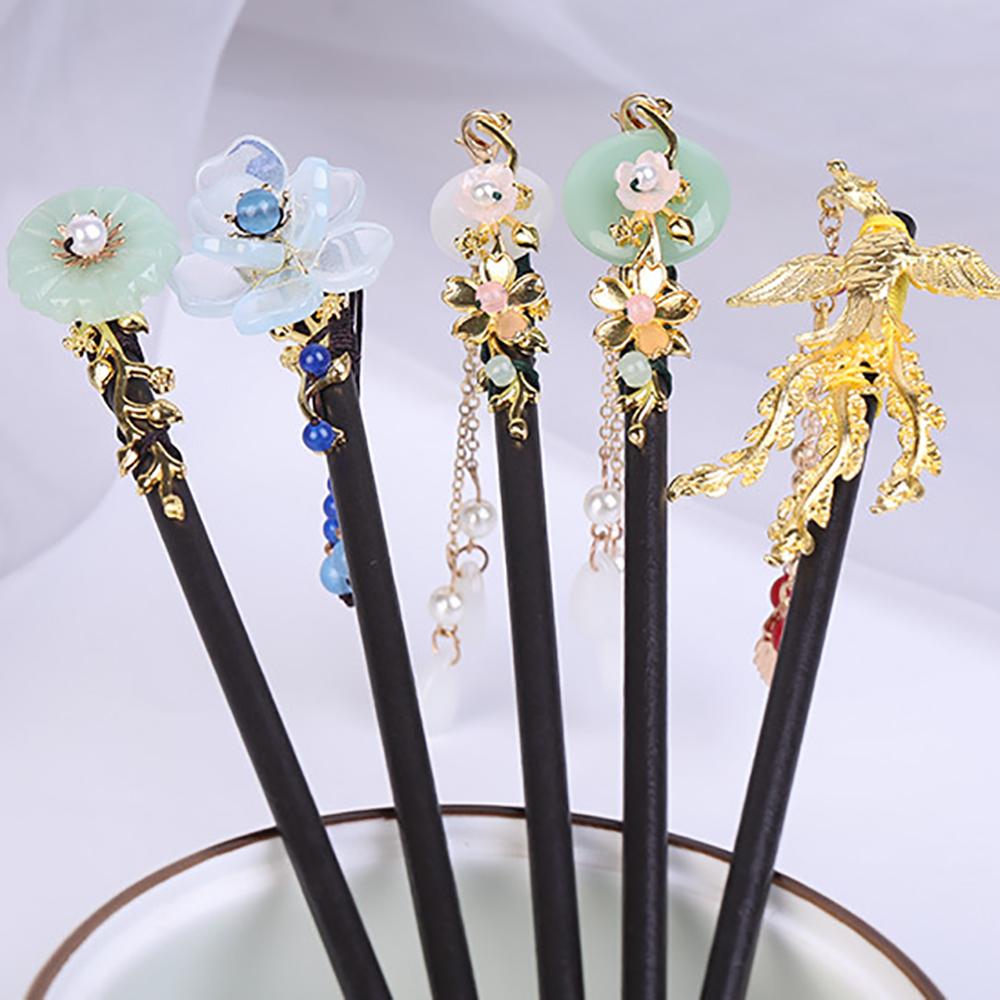 Elegant Disk Hair Hanfu Women Tassel Hair Sticks Hair Accessories Wooden Hair Fork Flower Hairpins