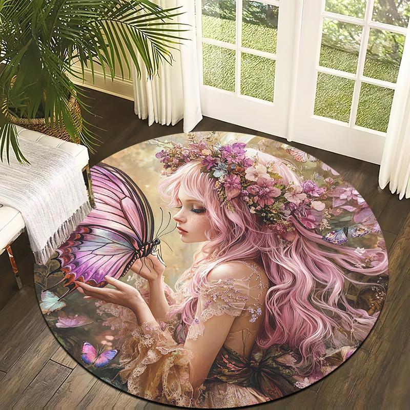 Butterfly Fairy Artistic Flannel-printed round floor mats are slip-resistant Suitable for living room terrace garden carpets