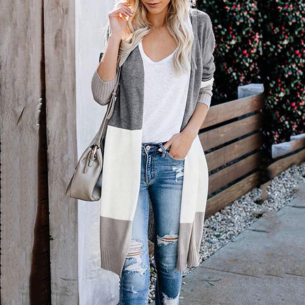 Женский многоцветный полосатый лоскутный модный кардиган с длинным рукавом