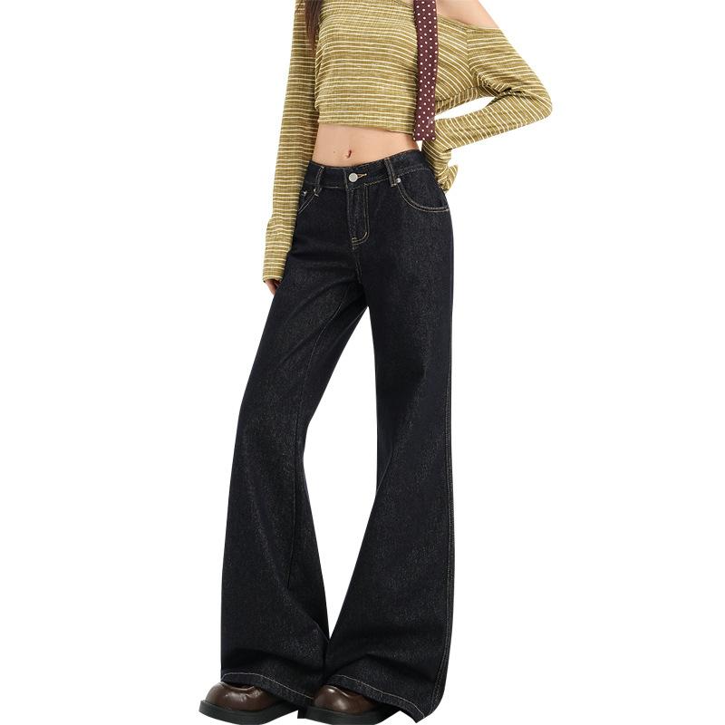 American dark blue micro-pull jeans women's autumn new non-stick legs low waist loose wide leg flared pants