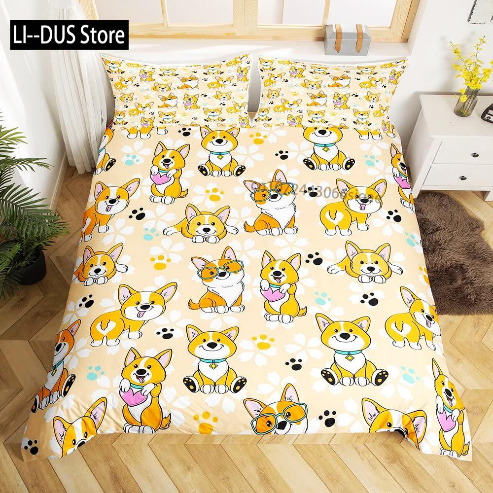 Labrador Duvet Cover Set Hand Drawn Sketch Welsh Corgi Decorative 3 Piece Bedding Set With 2 Pillow Shams Queen King Full Size