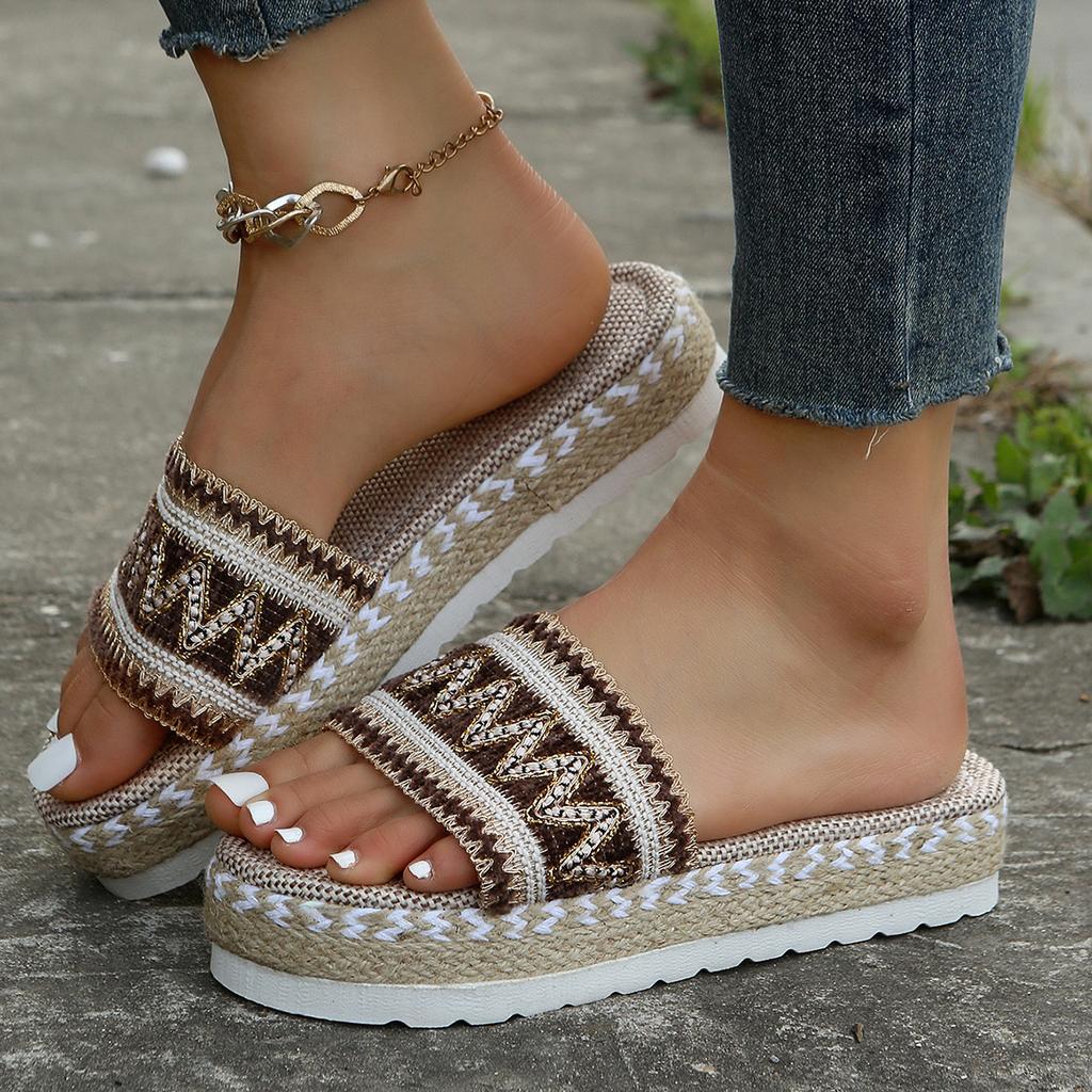 Women's Wedge Sandals  Fish Mouth Wedge Sandals Woven Hemp Rope Thick-soled Comfortable Sponge Cake Slippers