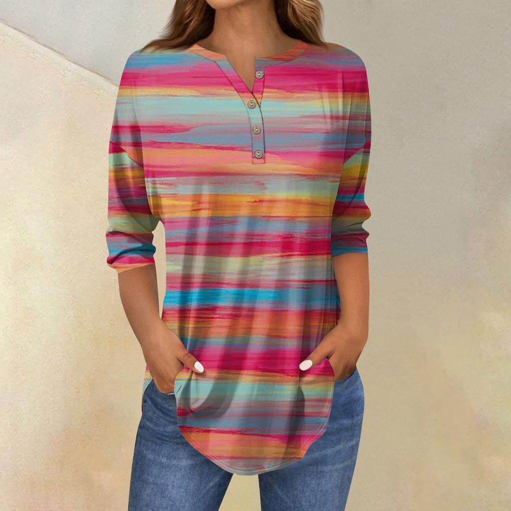 Рубашки с рукавом 3/4 для женщин, модные, повседневные, с круглым вырезом, с принтом, футболка, топ