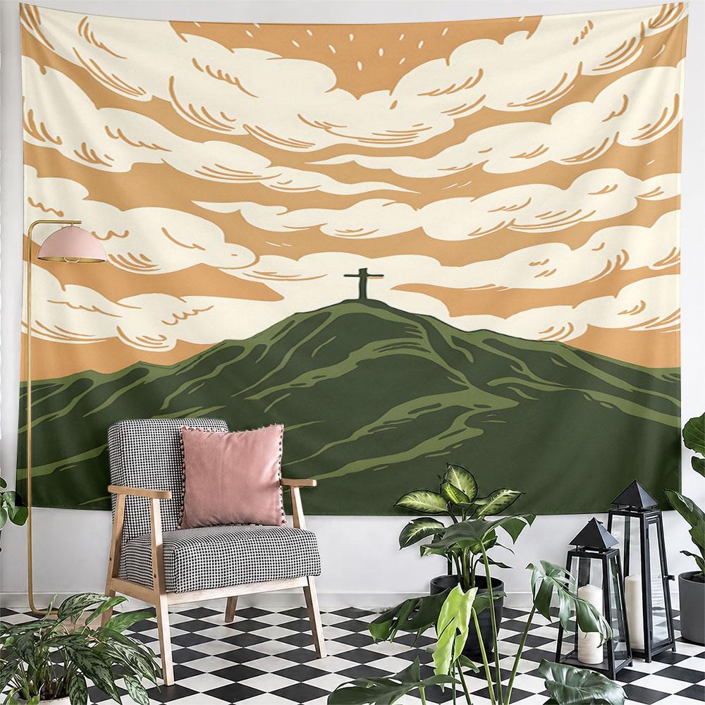Mountain Landscape with Cross Sunset Sky Pattern Wall Hanging Tapestry Decorative Tapestry Home Decor for Bedroom and Living Room