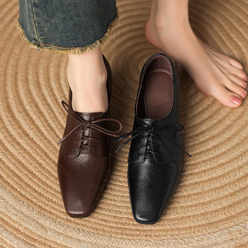 Krazing Pot Sheepskin Spring Summer Size 43 Size 42 Size 41 Chunky Heels Women Square Toe Office Lady Lace Up Pumps