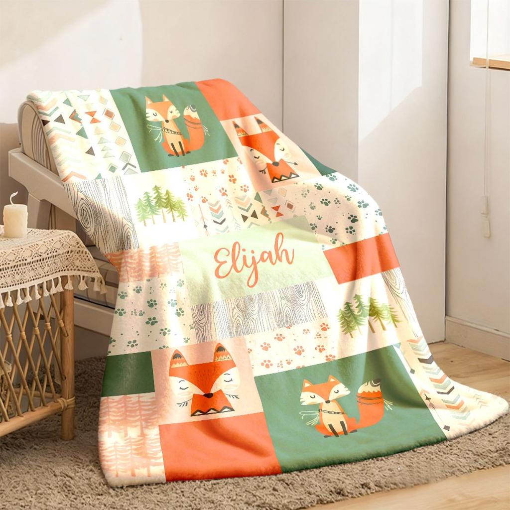 Personalized Fox Pattern Soft Flannel Blanket - Cozy Flannel Throw for All Seasons Lodge Style Animal Theme Blanket with Digital P