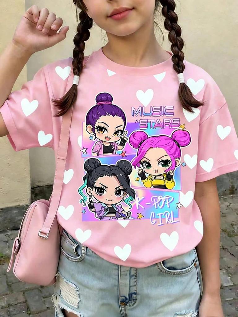 Kpop Мультяшная Графическая Футболка для Девочек Повседневная Футболка с Круглым Вырезом Подходит для Девочек Детский Подарок Короткий Рукав