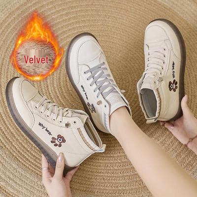 Ботильоны до щиколотки из натуральной кожи с высоким верхом и узором медведя - Нескользящие, на плоской подошве, белые, повседневная мода для осени и зимы.