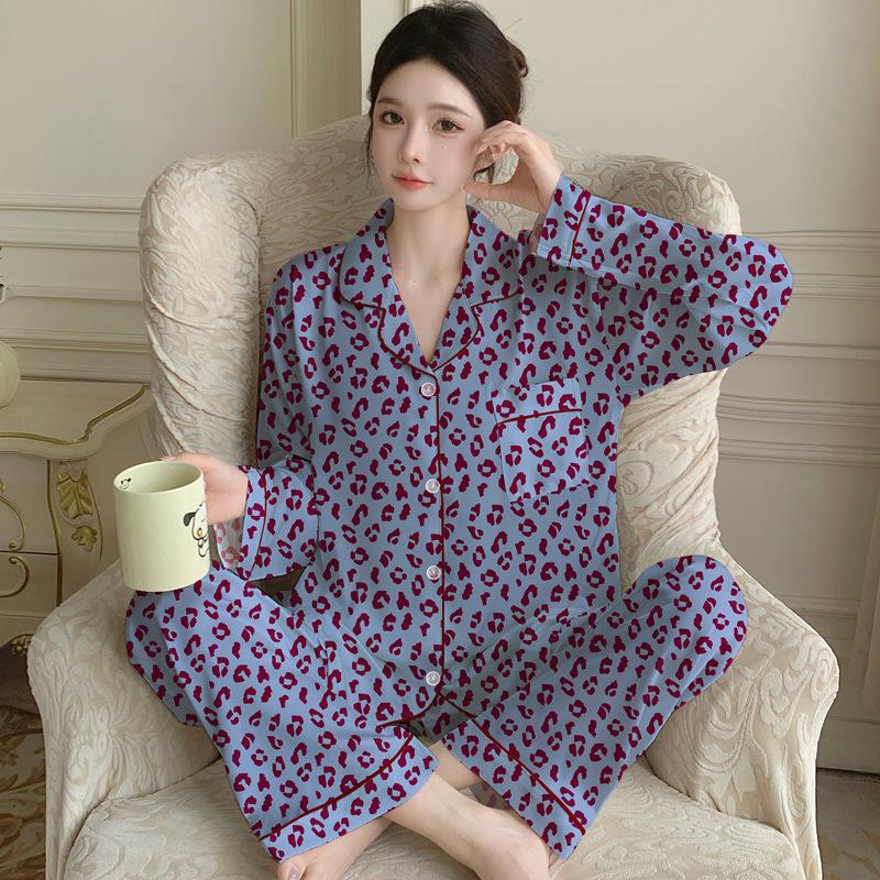 Sweet Bow Print Spring And Autumn Thin Long-Sleeved Suit Cardigan Pajamas Women'S Loungewear Can Be Worn Outside