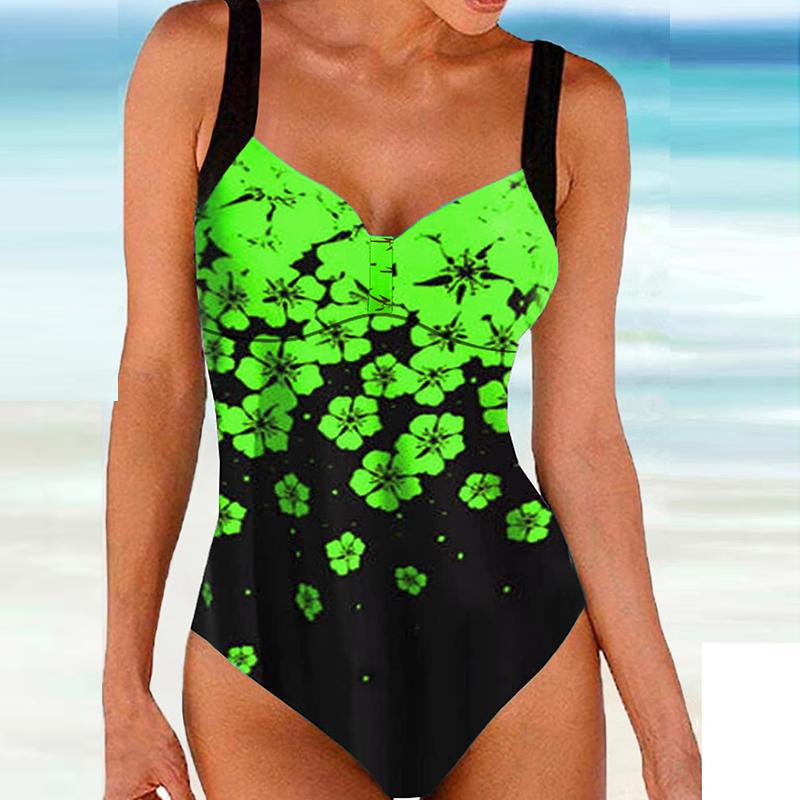 Женский купальник-бикини с бретелькой на бретельках темно-синего цвета с принтом персикового цвета и танкини