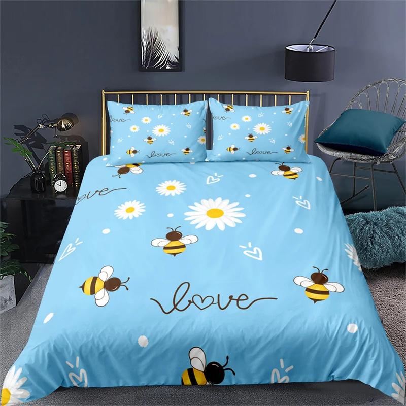 Cartoon Bee Duvet Cover Lovely Yellow Flying Animals Theme for Kids Boys Girls Gifts Women Beautiful Flowers Bedroom Decoration