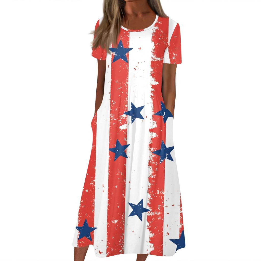Женское летнее повседневное модное платье с коротким рукавом и карманом на День независимости с коротким рукавом