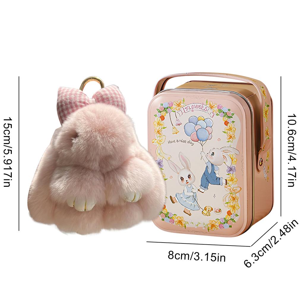 Bunny Pendant Keychain with Tin Box Rabbit Shape Fur Keychain Fluffy Bag Car Charm Key Ring Jewelry For Car Bags Backpacks Gift