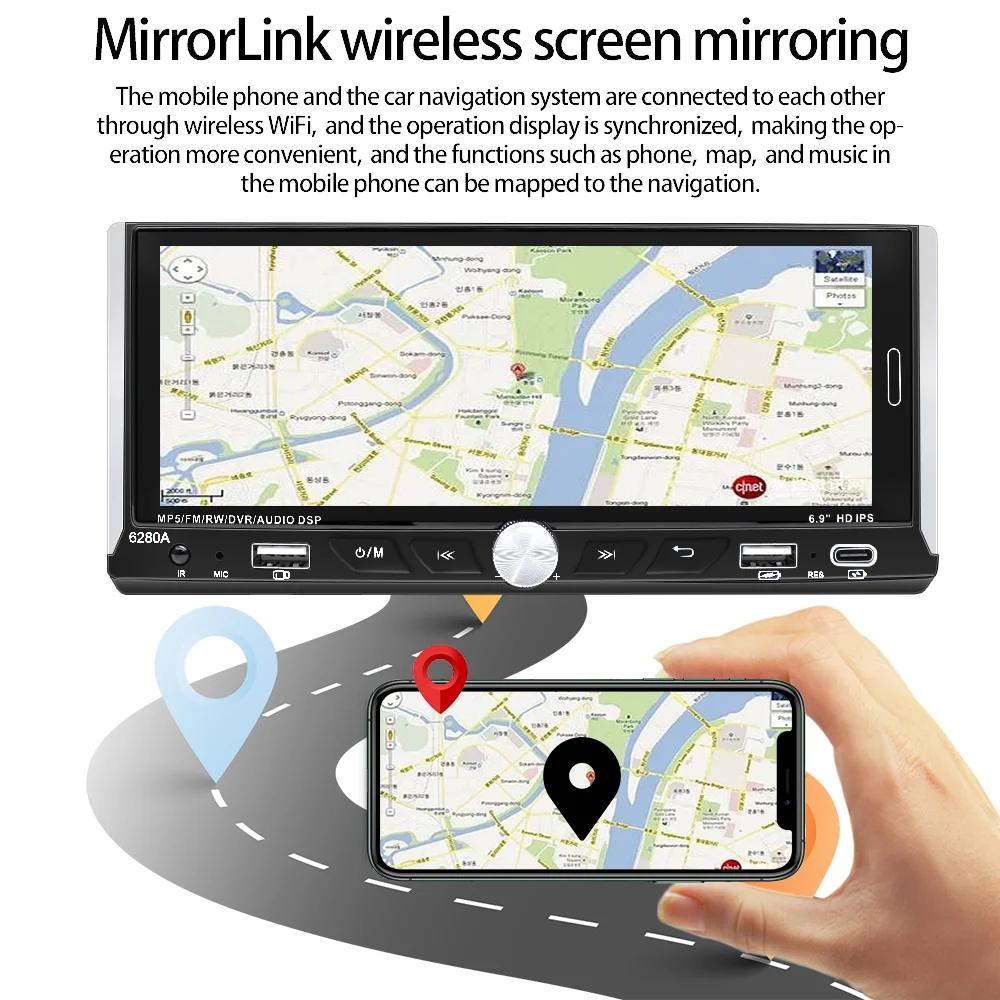 Универсальный автомобильный радиоприемник на базе Android, 1 Din, сенсорный экран 6,9 дюйма, 64 ГБ/2 ГБ, Carplay Android Auto, интеллектуальный мультимедийный плеер, Wi-Fi, GPS-навигация, FM-стерео