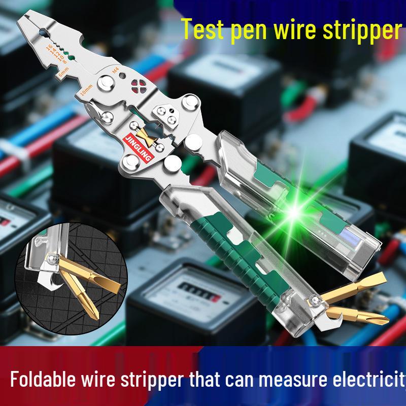 Многофункциональный инструмент электрика: Ручка-стриппер для зачистки проводов, резак, кримпер и складная отвертка.