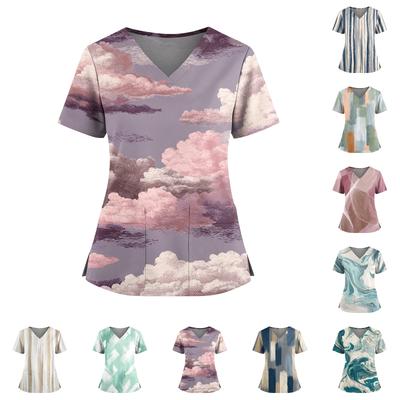 Женский топ с градиентным принтом, V-образным вырезом, двойным карманом, короткими рукавами, разрезом по низу, униформа для ухода