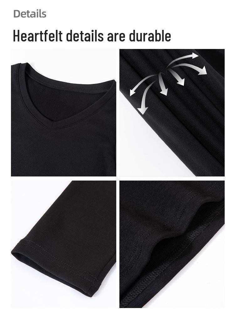 Women's Black V-Neck Slim Fit Long-Sleeve T-Shirt - Cinched Waist Korean Style for Early Autumn and Winter.