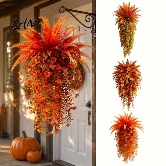 No Watering Faux Plants Fall Artificial for Hanging, UV-Resistant Flowers, Natural Style Fake Foliage Trailing Vines Autumn Porch Front Door